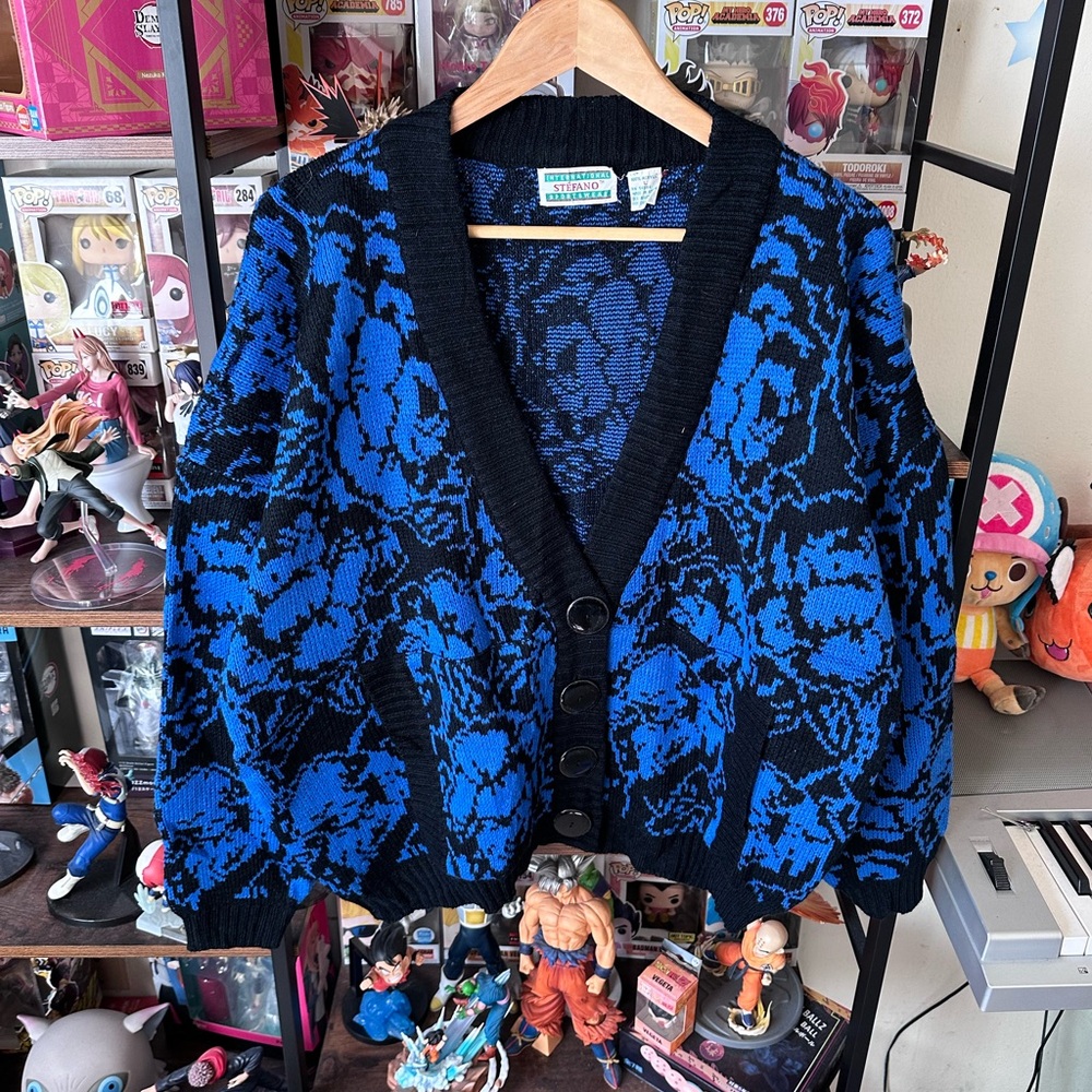 Vintage Stefano Black Blue Floral Cardigan Women’s L 90s Knit